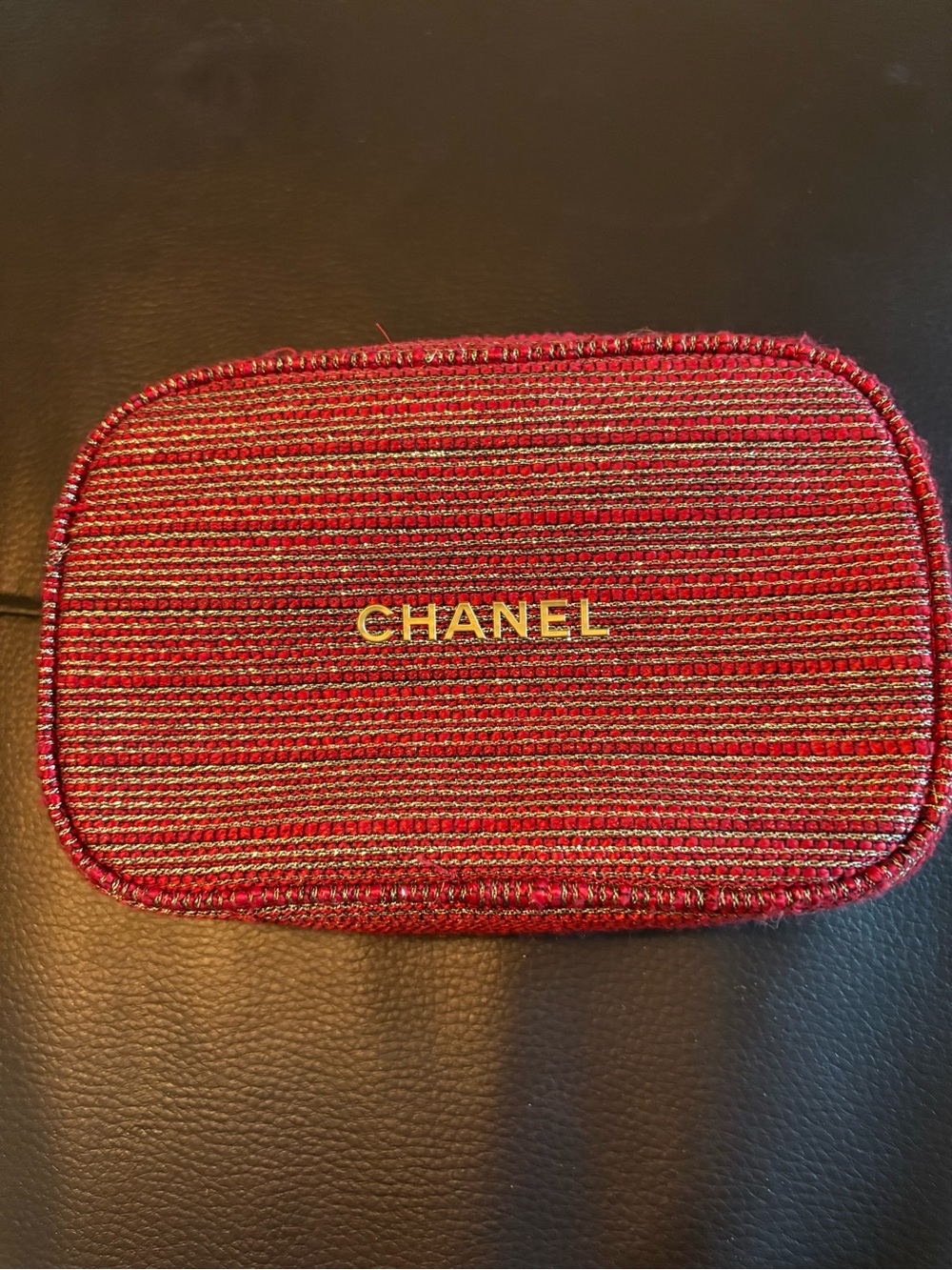 CHANEL Red Woven Zip Pouch with Gold Logo